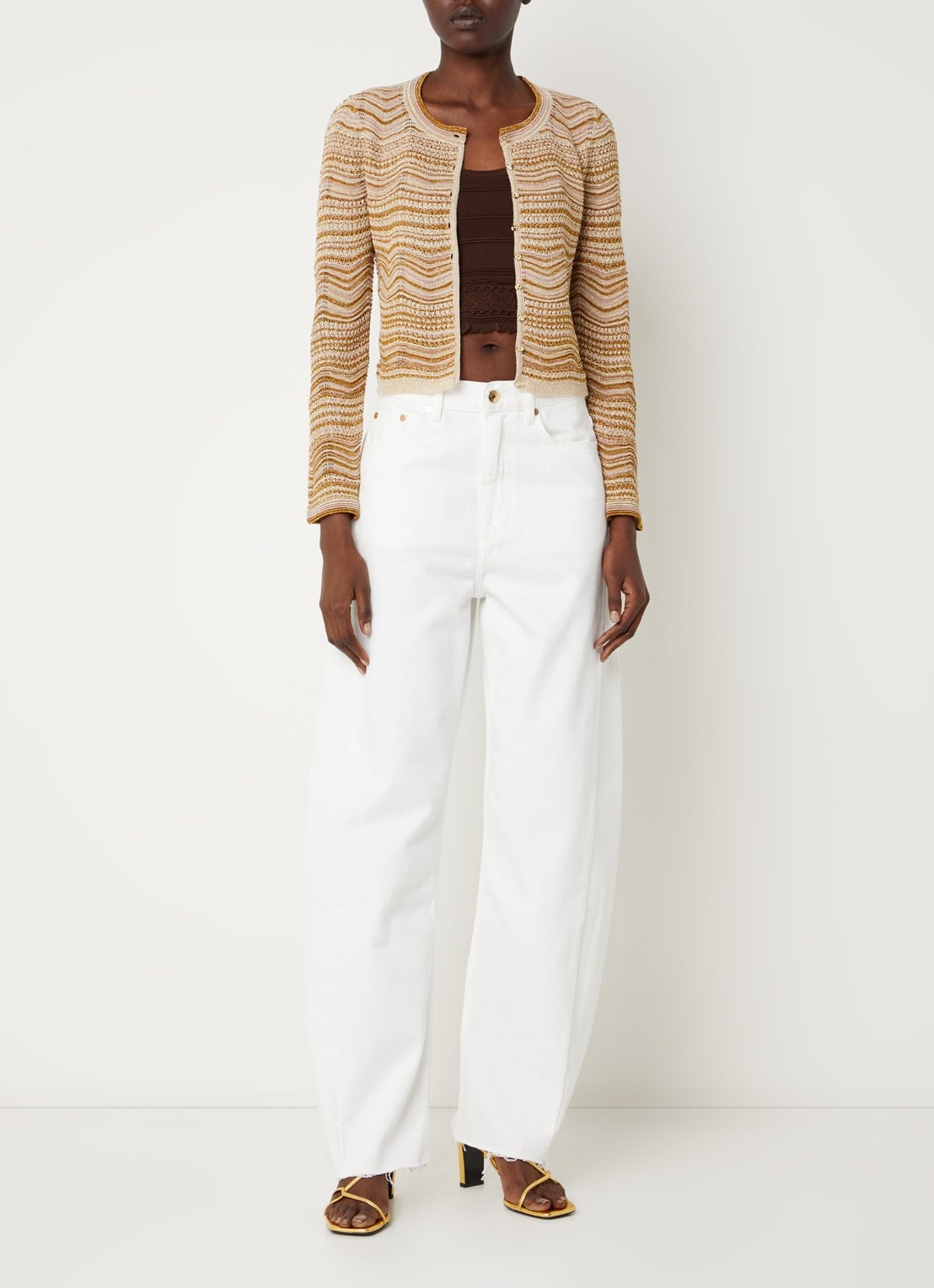 Sandro Cropped vest met opengewerkt dessin en lurex - voorkant 2 oranjebruin