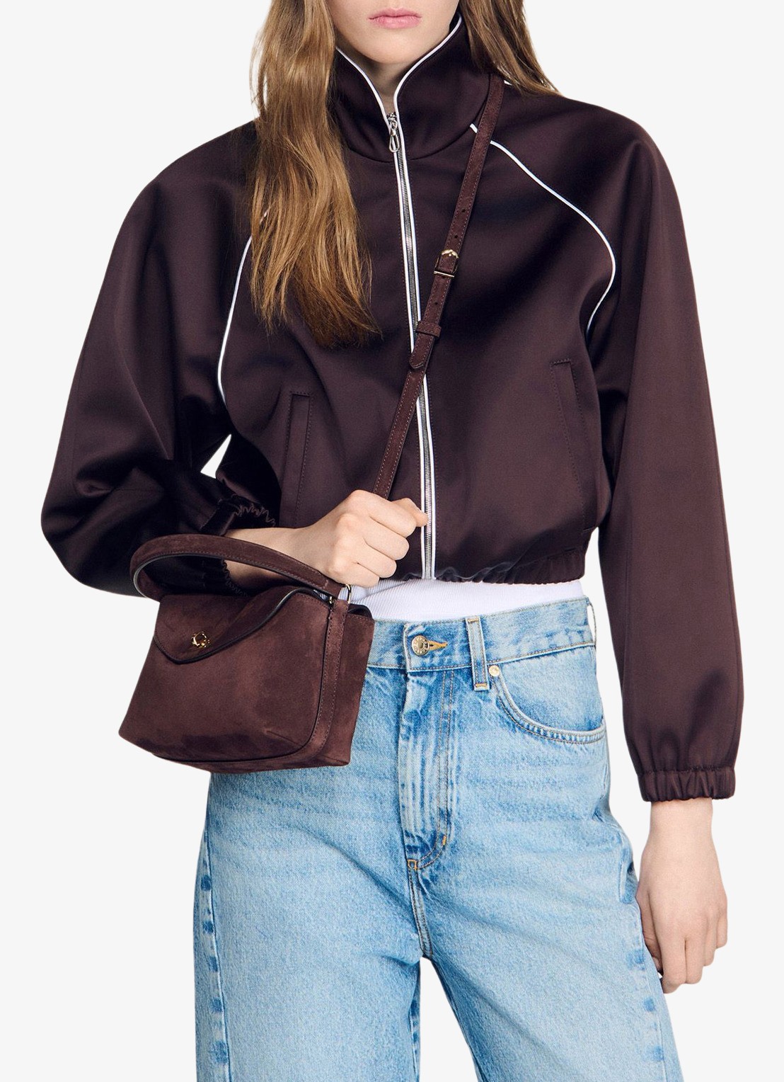 Sandro crossbodytas van suède - voorkant 2 brown / bruin