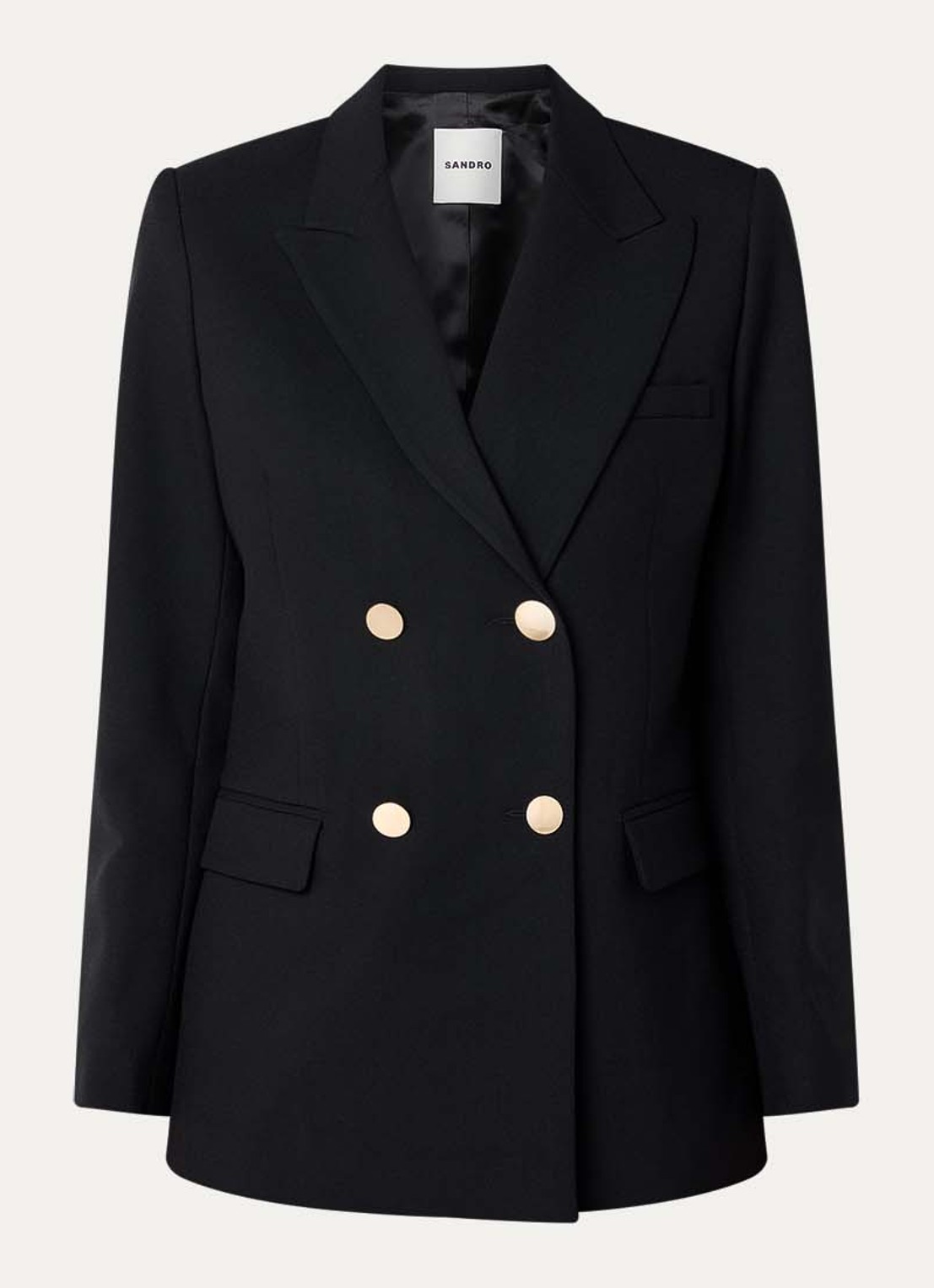 Sandro Double-breasted blazer van scheerwol met schoudervulling en steekzakken - voorkant zwart