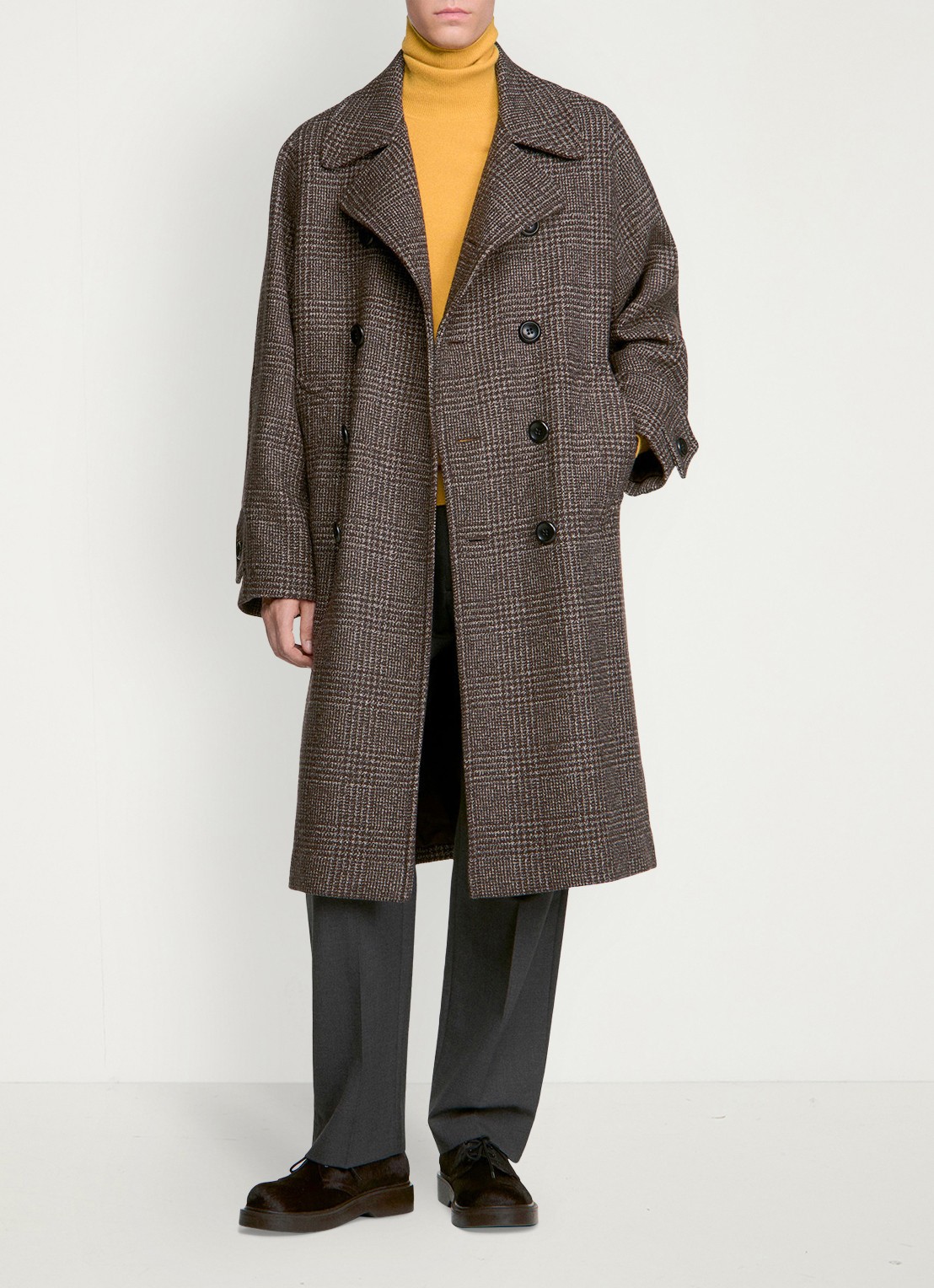 Sandro Double-breasted trenchcoat in wolblend met ruitdessin - detail brown / bruin