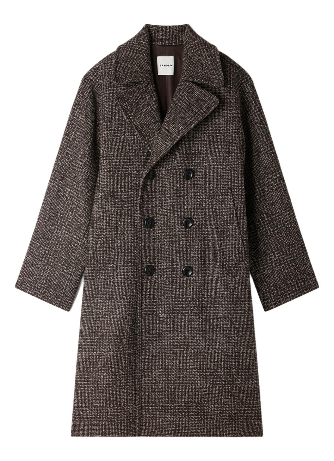 Sandro Double-breasted trenchcoat in wolblend met ruitdessin - voorkant brown / bruin