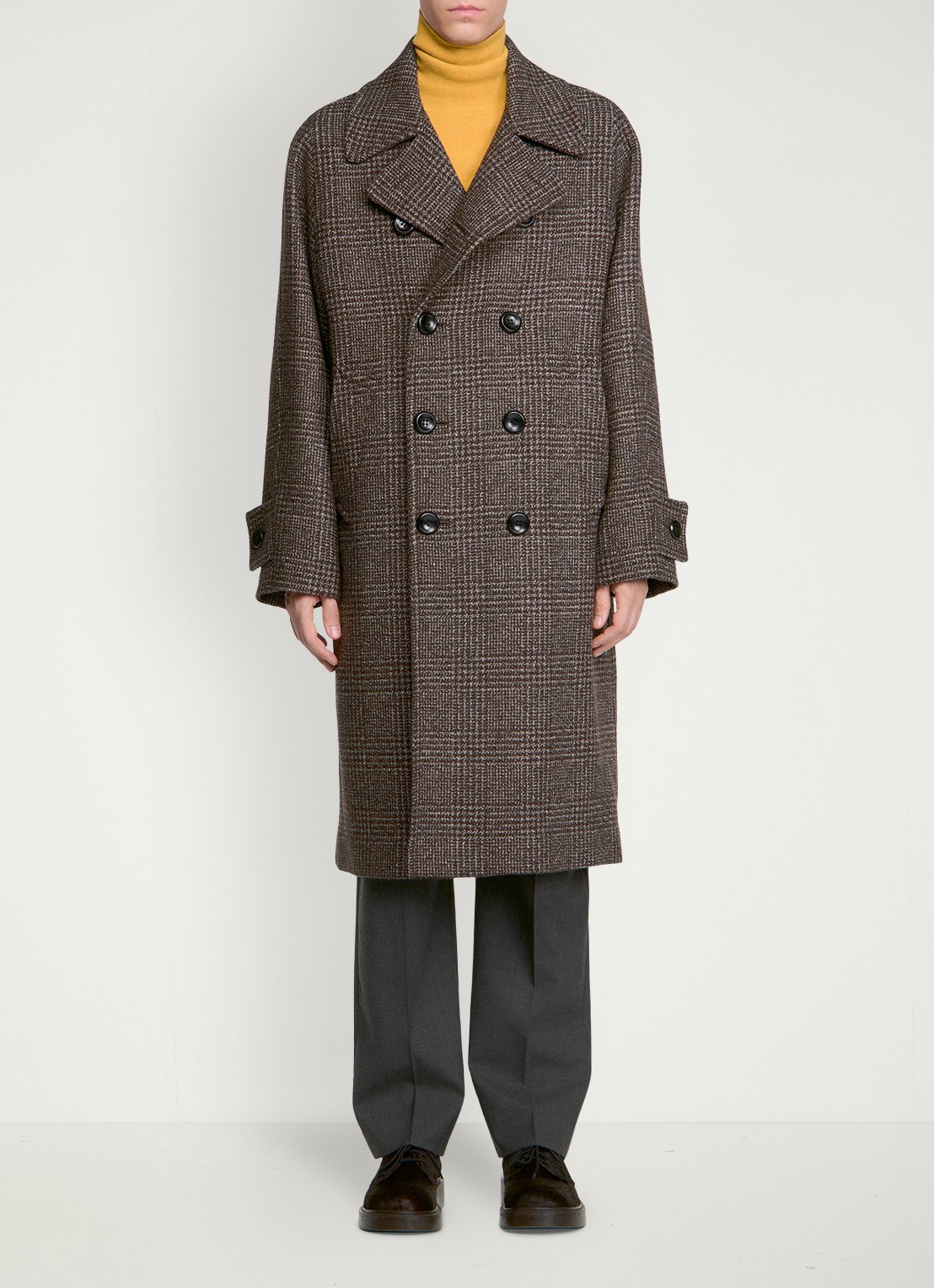 Sandro Double-breasted trenchcoat in wolblend met ruitdessin - voorkant 5 brown / bruin