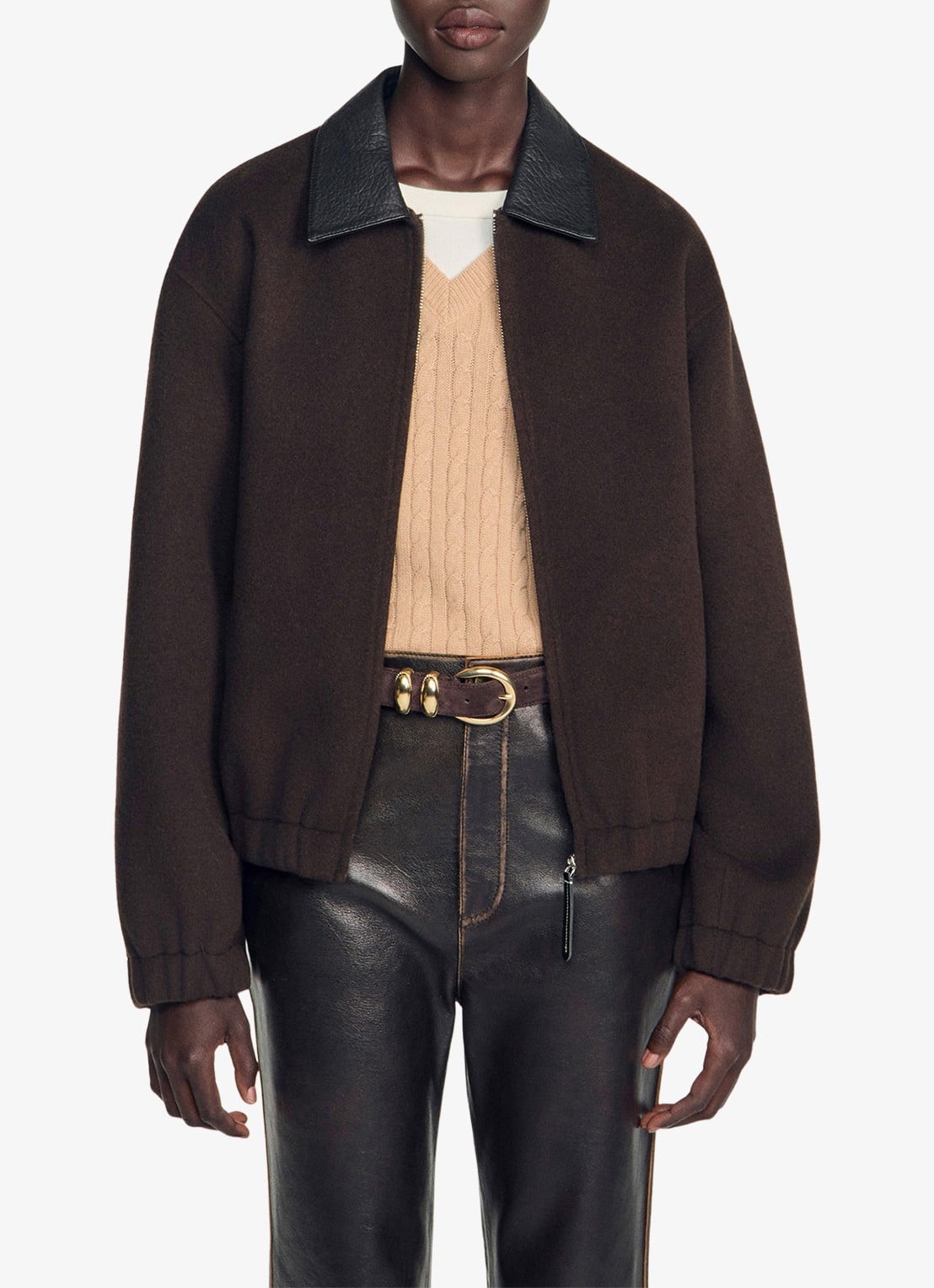 Sandro Double-faced leather collar jacket - detail 6 black brown / bruin