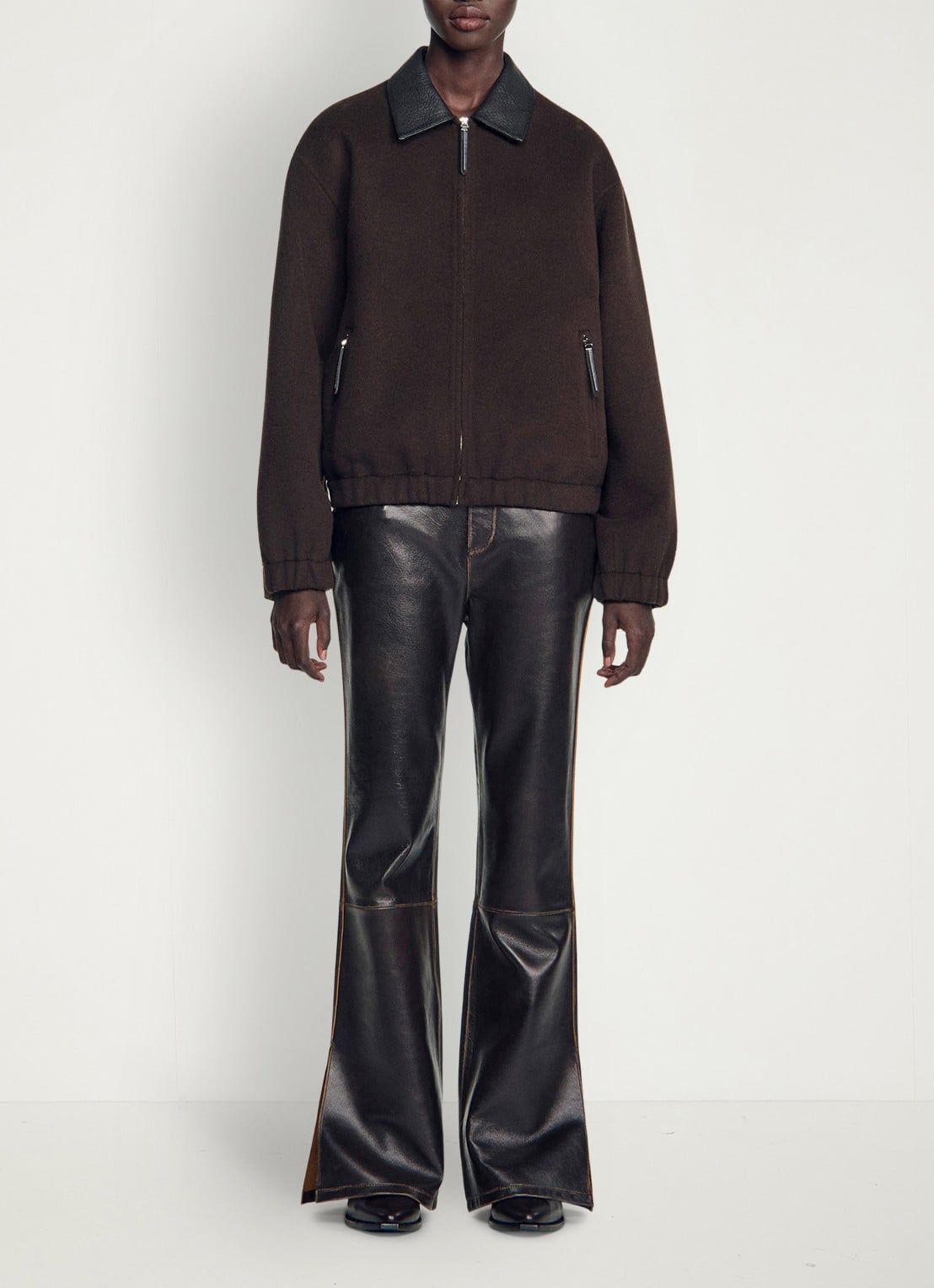 Sandro Double-faced leather collar jacket - voorkant 3 black brown / bruin
