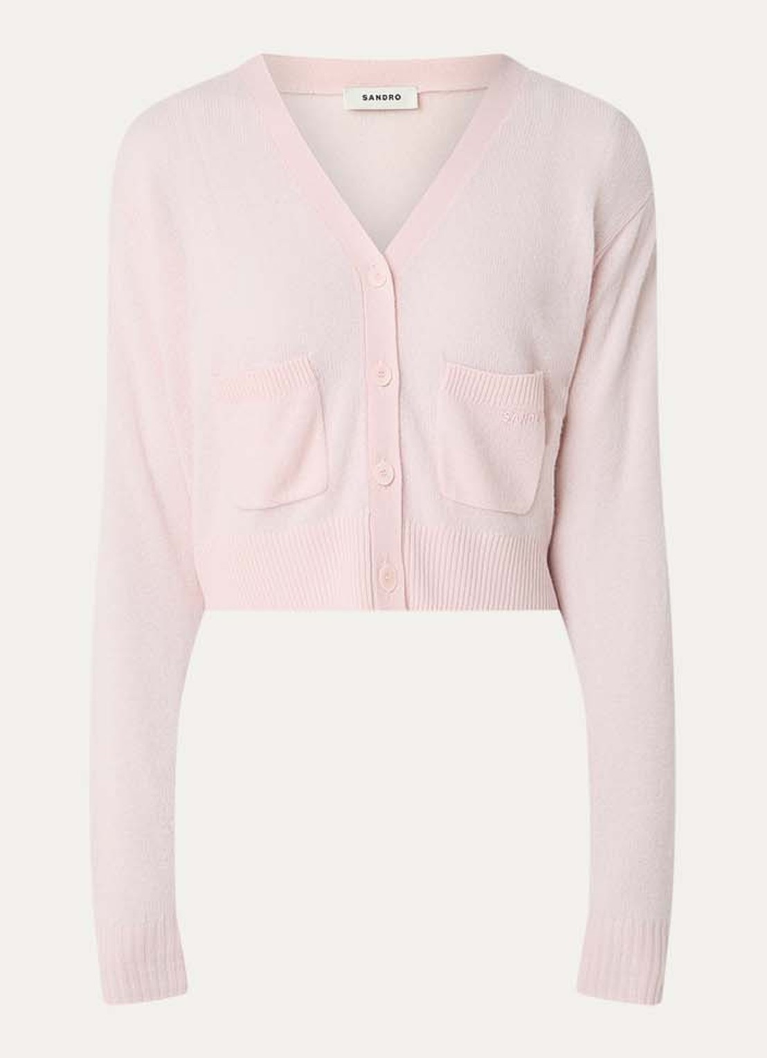 Sandro Fijngebreid cropped vest in kasjmierblend met opgestikte zakken - voorkant 3 lichtroze