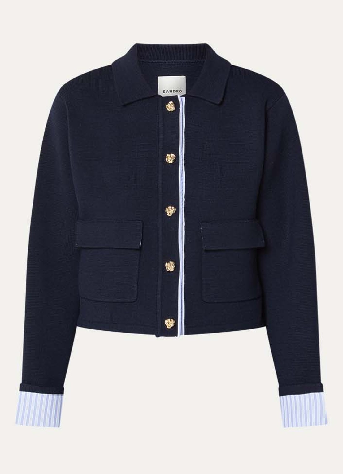 Sandro Fijngebreid cropped vest in wolblend met klepzakken - voorkant 3 donkerblauw