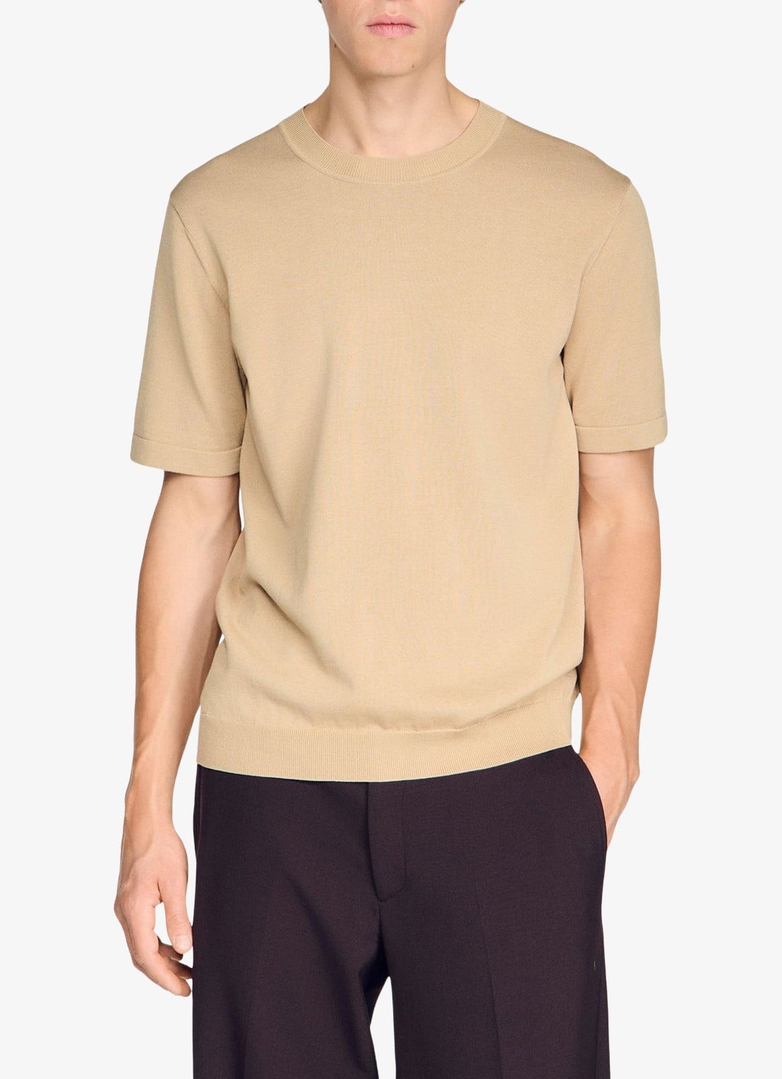 Sandro Fijngebreid T-shirt in zijdeblend - detail 4 beige