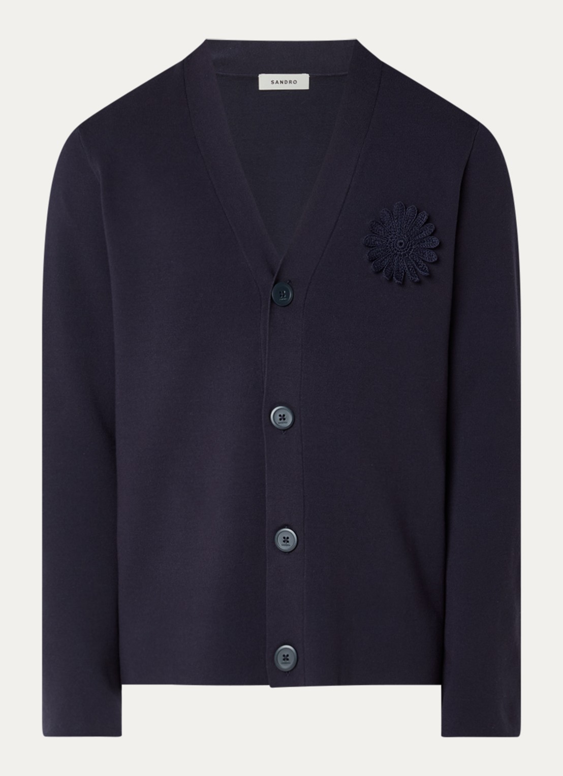 Sandro Fijngebreid vest met applicatie - voorkant donkerblauw