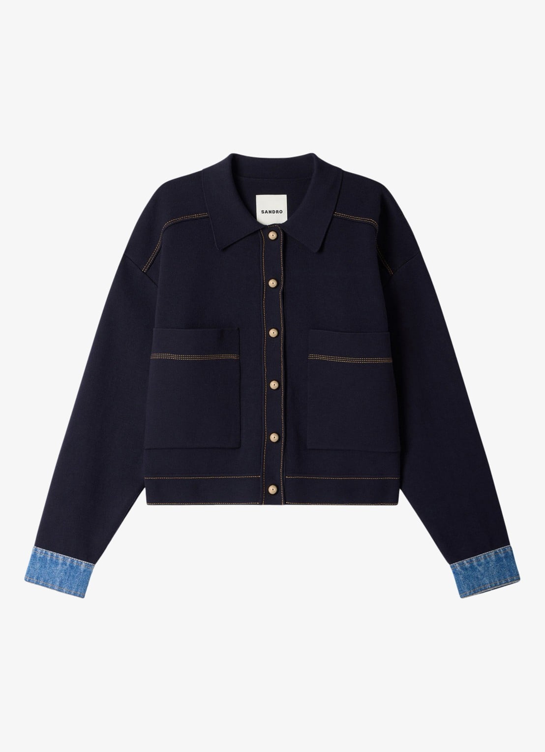 Sandro Fijngebreid vest met details van denim - voorkant donkerblauw