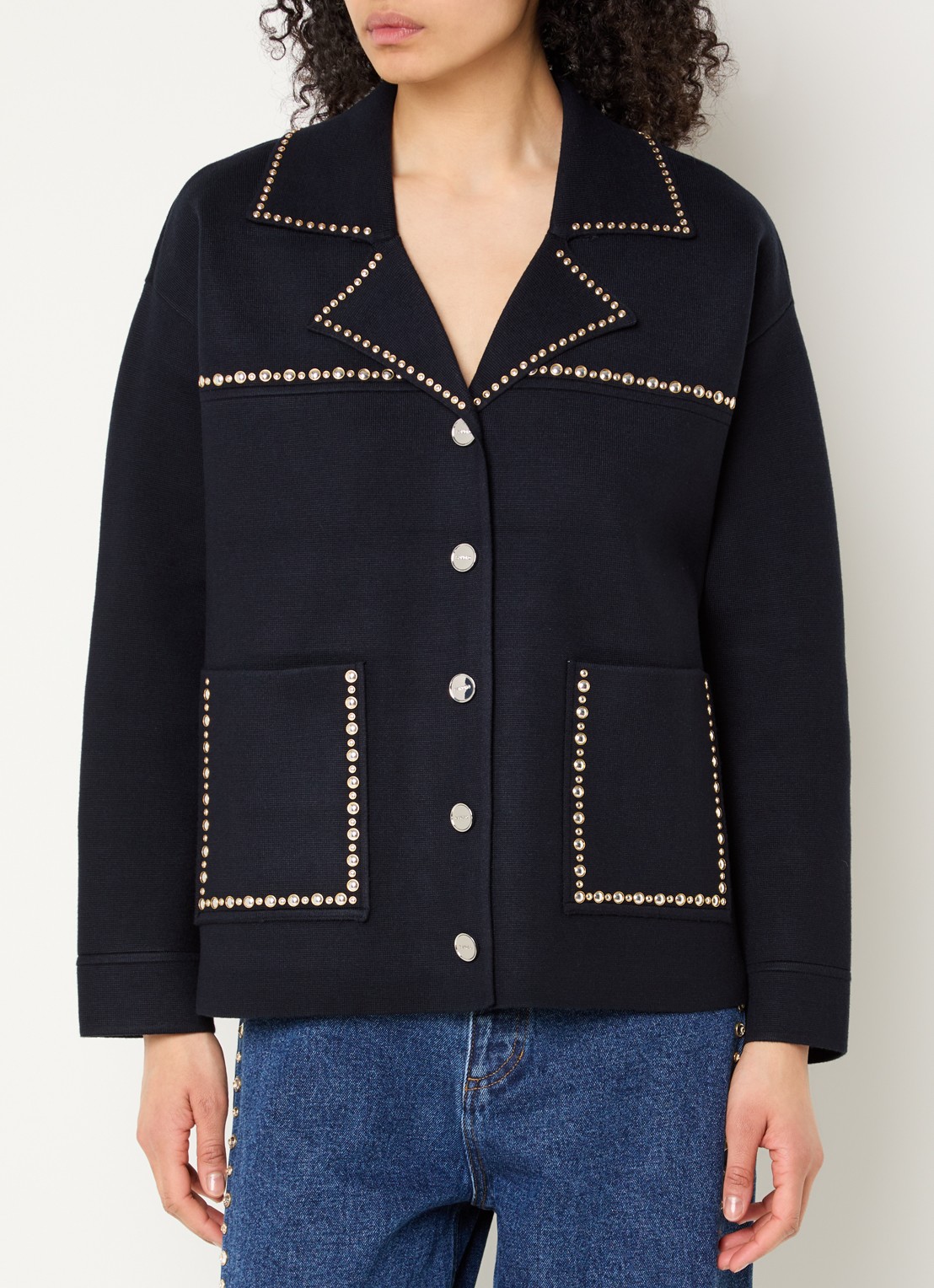 Sandro Fijngebreid vest met opgestikte zakken en studs - detail 4 donkerblauw