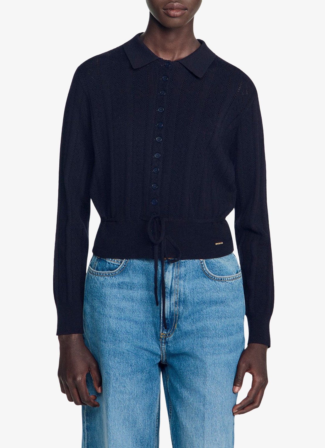 Sandro Fijngebreid vest met strikceintuur - detail 3 blauw