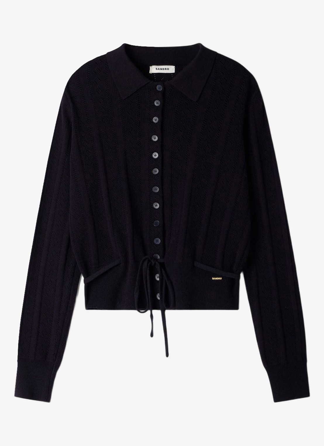 Sandro Fijngebreid vest met strikceintuur - voorkant blauw
