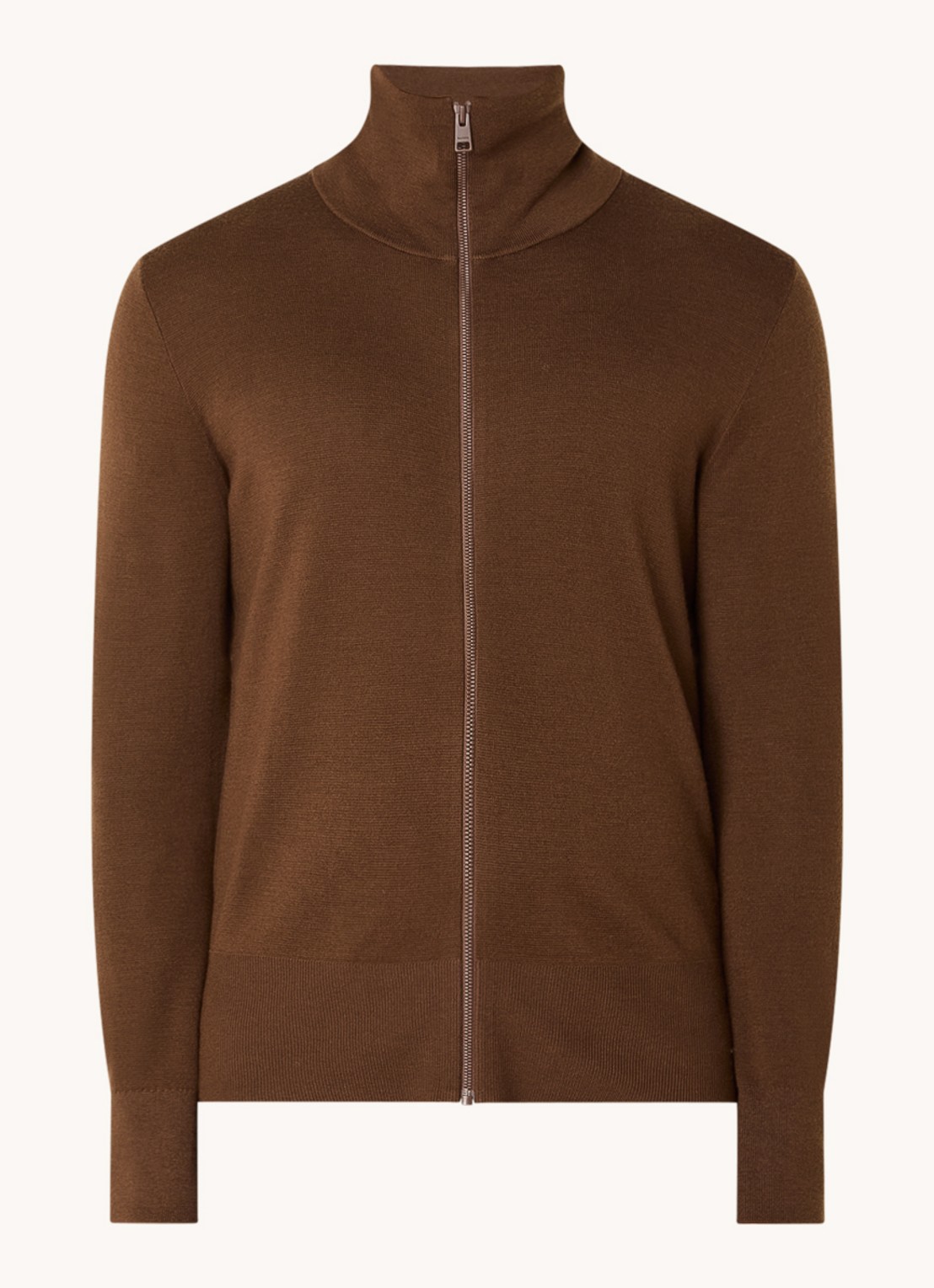 Sandro Fijngebreid vest van wol met opstaande kraag - voorkant 2 dark caramel / bruin