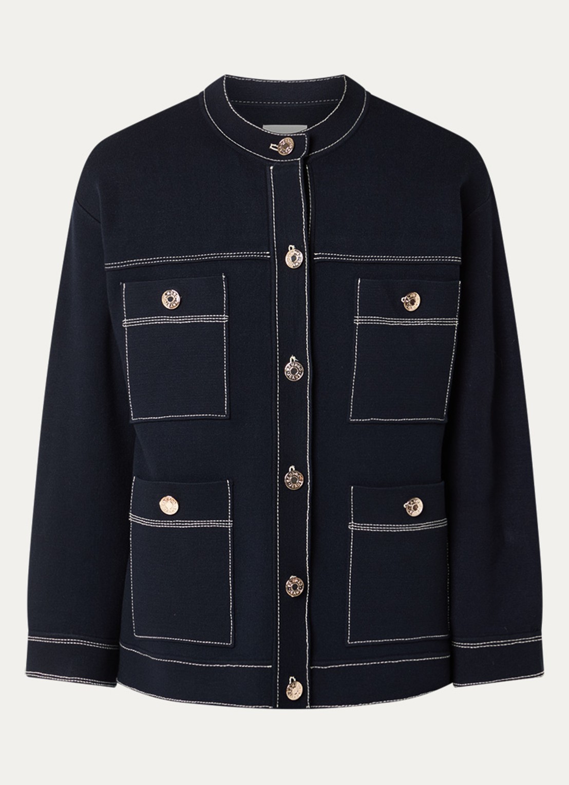 Sandro Fijngebreide blouse met borstzakken - voorkant 2 donkerblauw