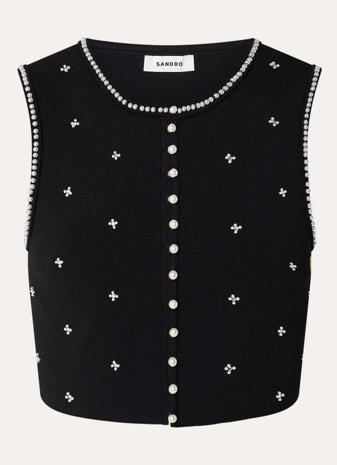 Sandro Fijngebreide crop top met imitatieparels - voorkant zwart