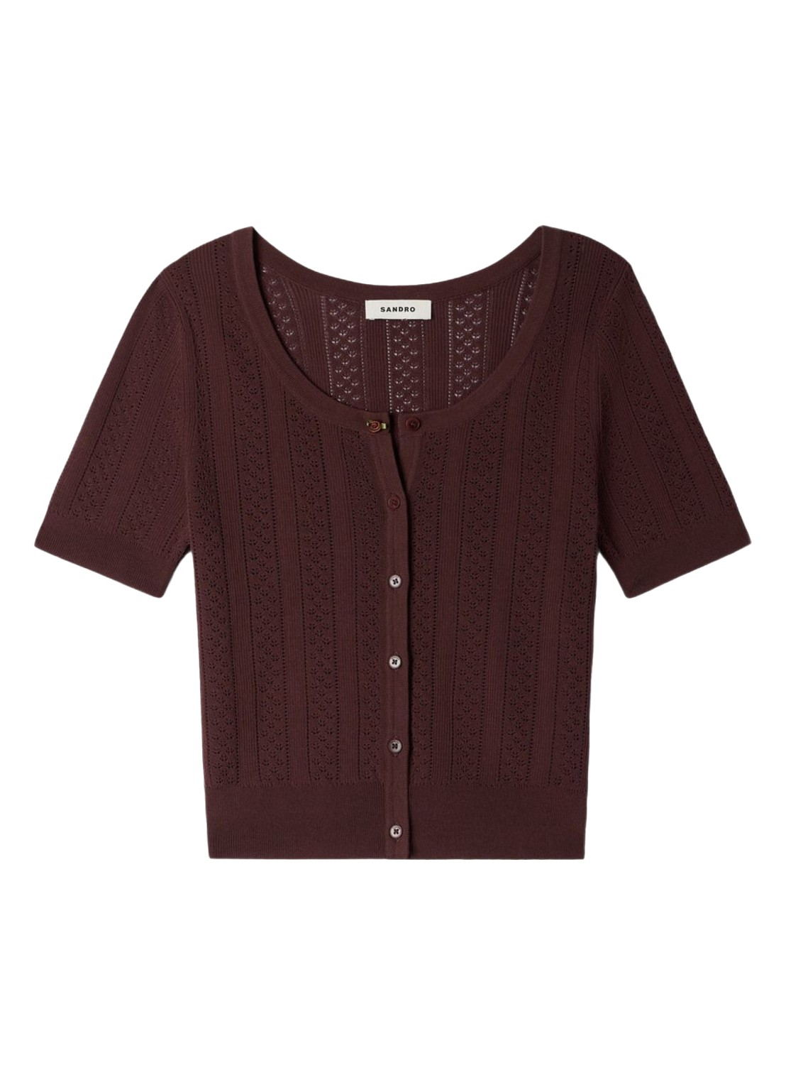 Sandro Fijngebreide crop top met opengewerkt dessin en knoopdetail - voorkant 5 bruin