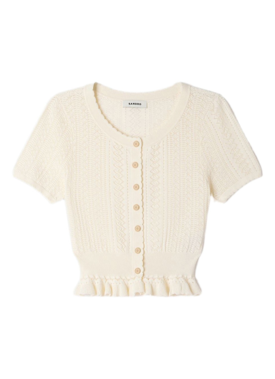 Sandro Fijngebreide crop top met opengewerkt dessin en knoopdetail - voorkant 5 beige