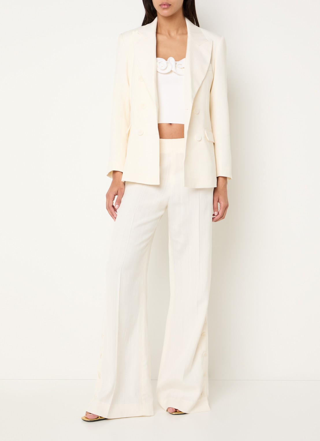 Sandro Fijngebreide crop top met ruches - voorkant 4 gebroken wit