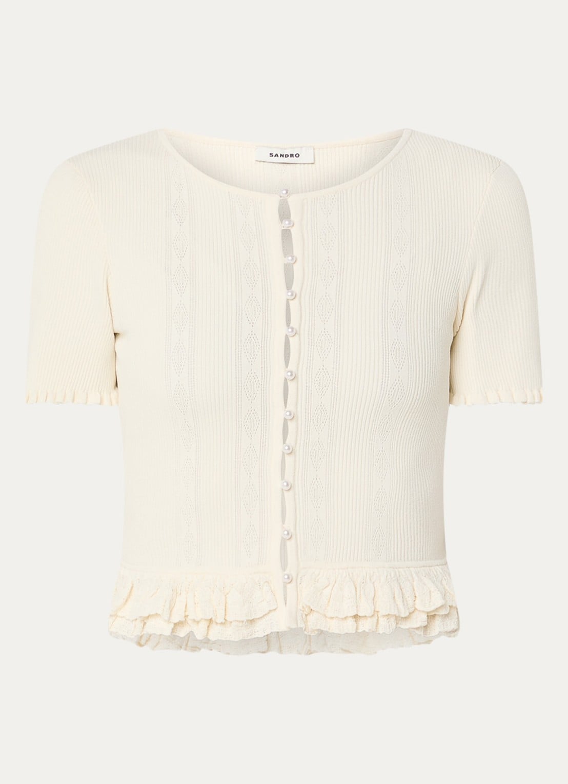 Sandro Fijngebreide crop top met ruches - voorkant gebroken wit
