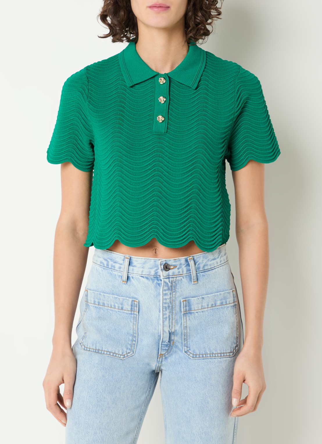 Sandro Fijngebreide crop top met structuur - detail 4 donkergroen