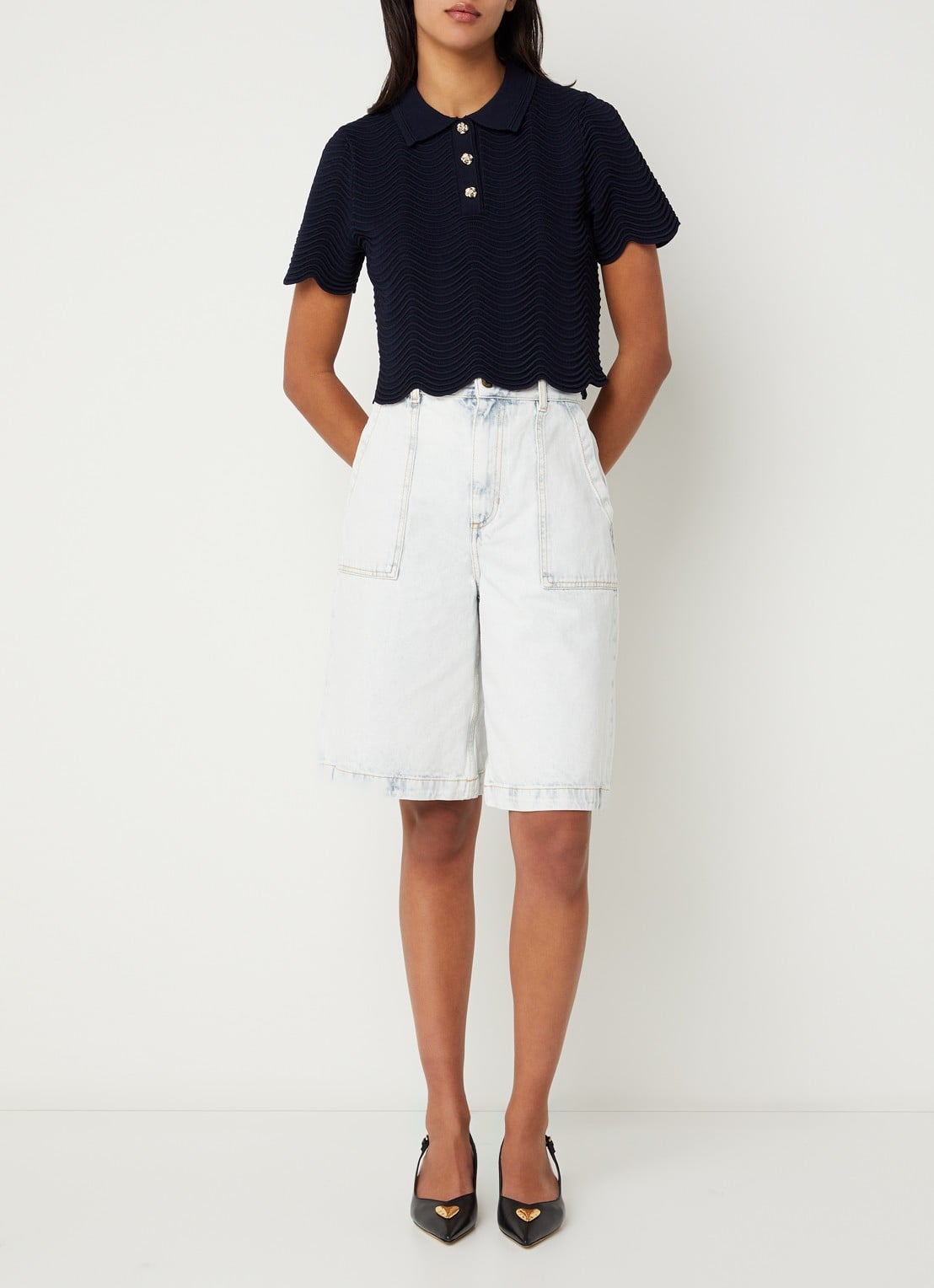 Sandro Fijngebreide crop top met structuur - voorkant 2 blauw