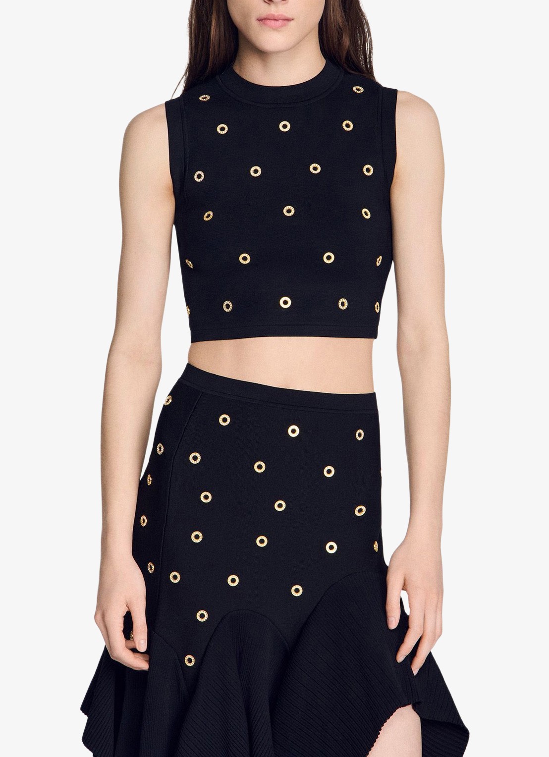 Sandro Fijngebreide crop top met studs - detail 4 zwart