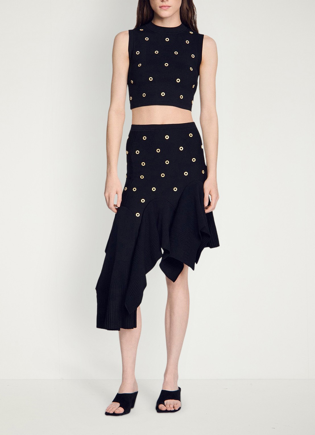 Sandro Fijngebreide crop top met studs - voorkant 3 zwart