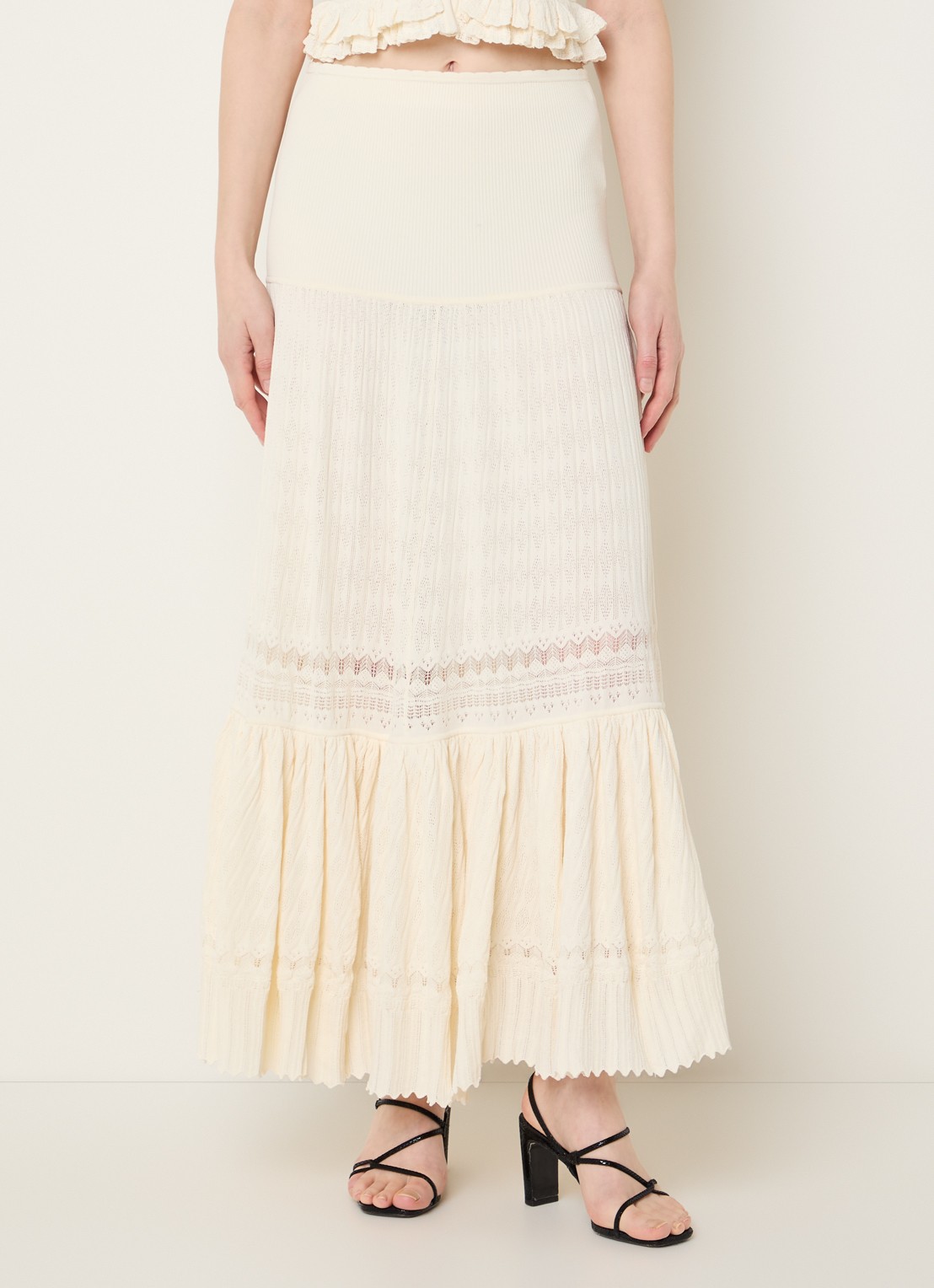 Sandro Fijngebreide maxi rok met opengewerkt dessin - detail 4 creme