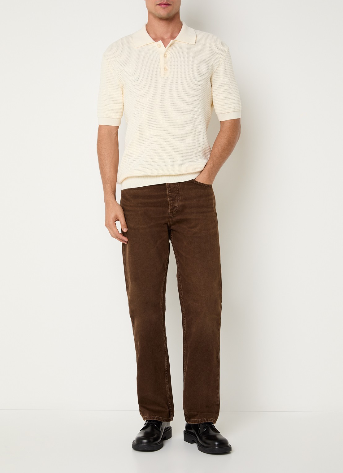 Sandro Fijngebreide polo met stretch - voorkant 3 creme