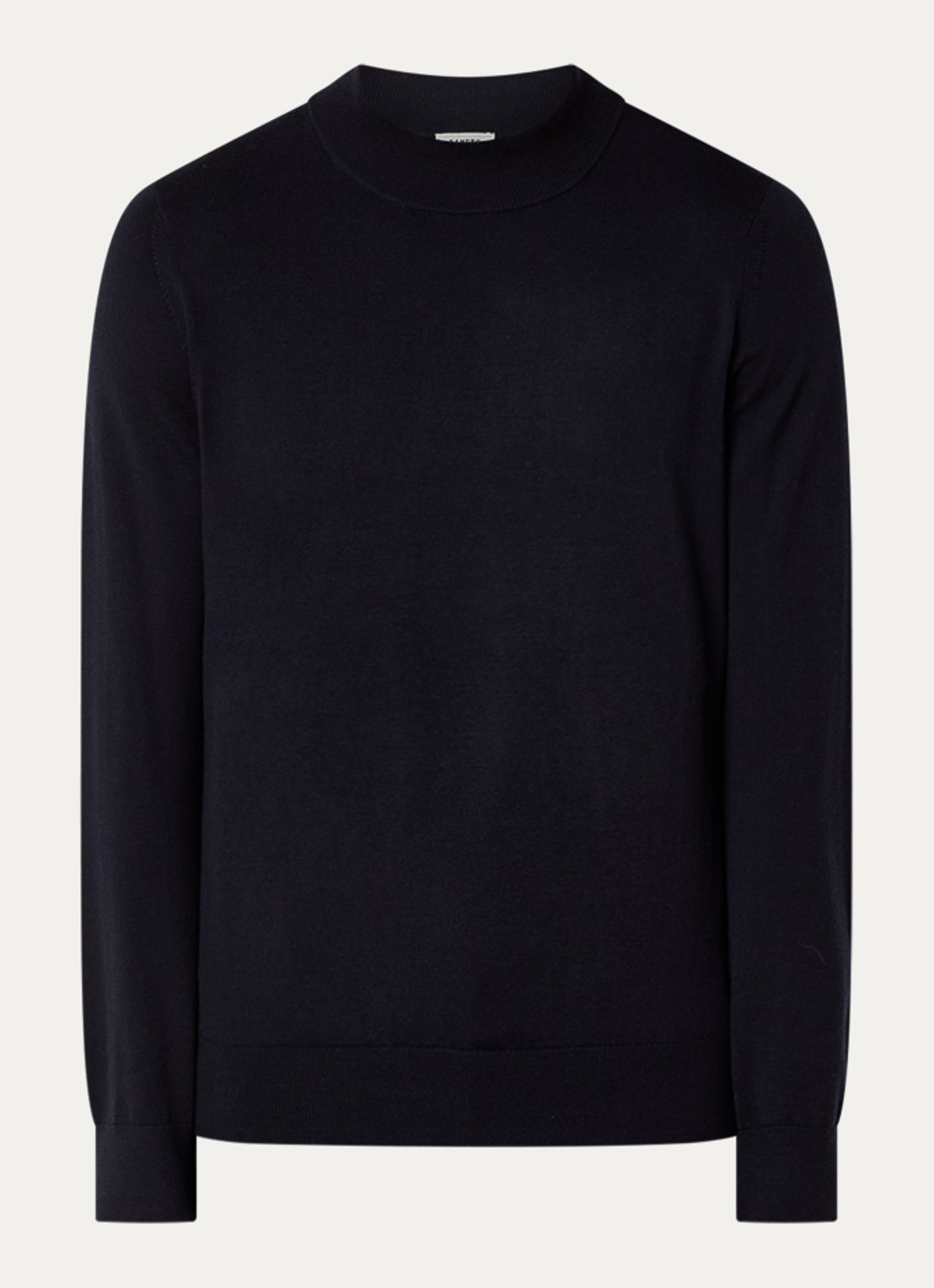 Sandro Fijngebreide pullover van wol met opstaande kraag - voorkant donkerblauw