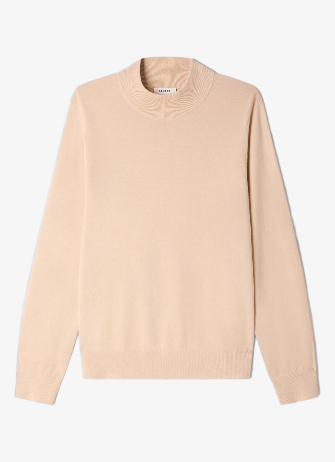 Sandro Fijngebreide pullover van wol met opstaande kraag - voorkant beige