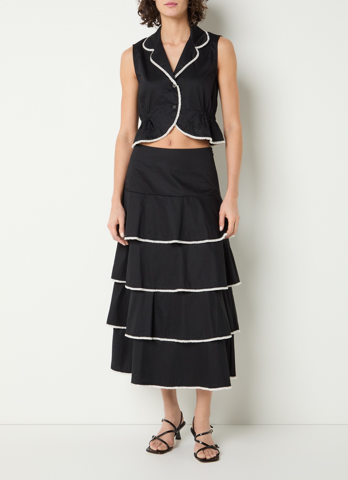 Sandro Gelaagde midi rok met imitatieparels en strass - voorkant 3 zwart