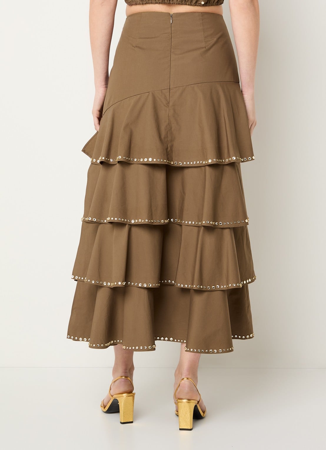 Sandro Gelaagde midi rok met strass - achterkant bruin