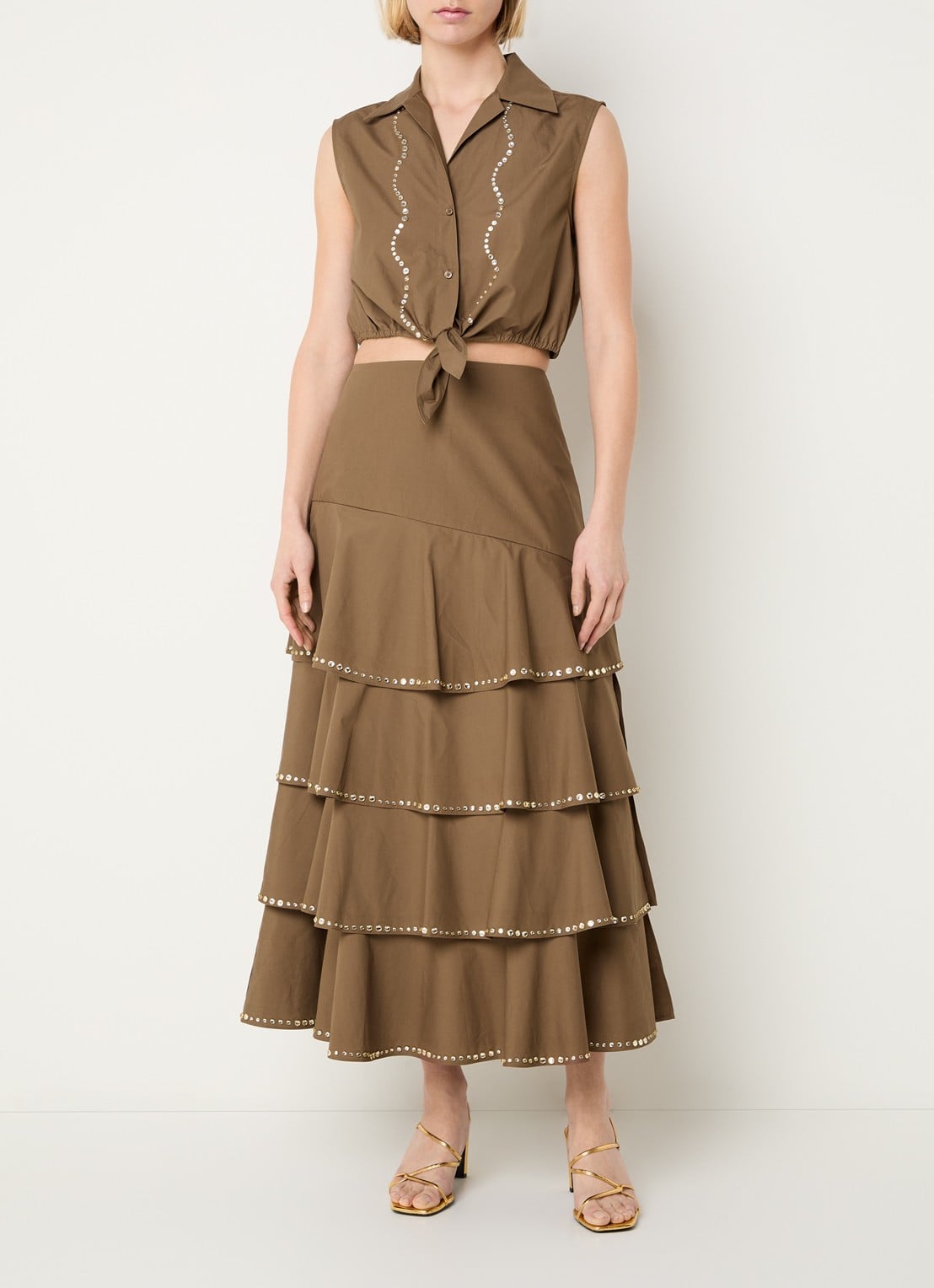 Sandro Gelaagde midi rok met strass - voorkant 3 bruin