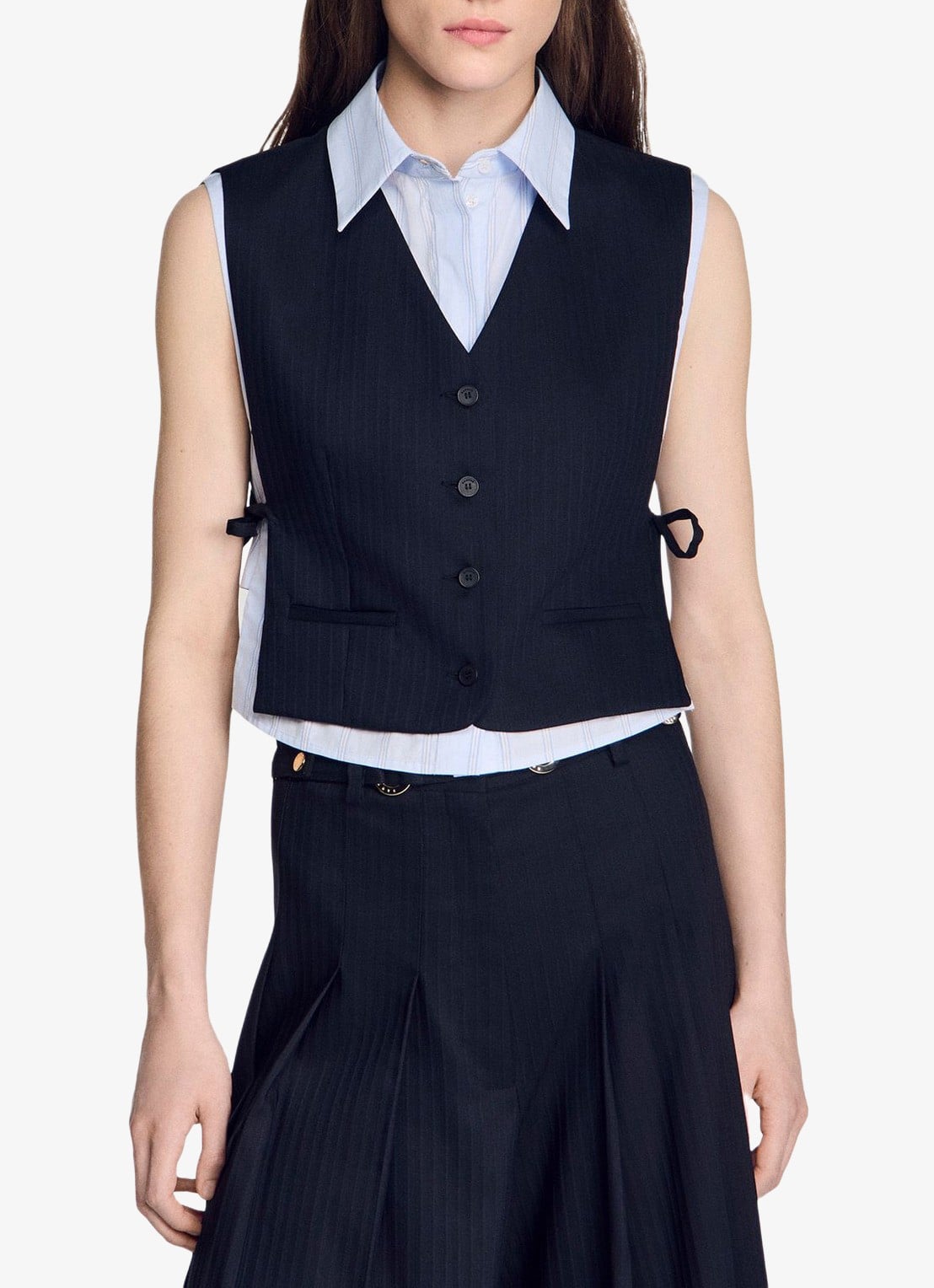 Sandro Gilet in wolblend met krijtstreep - detail 4 blauw