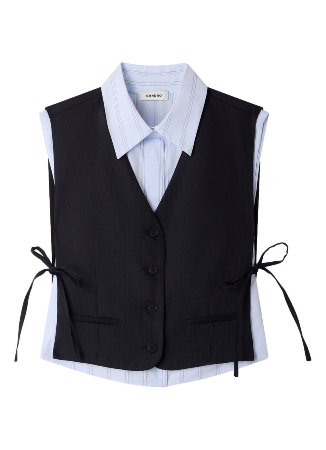 Sandro Gilet in wolblend met krijtstreep - voorkant blauw