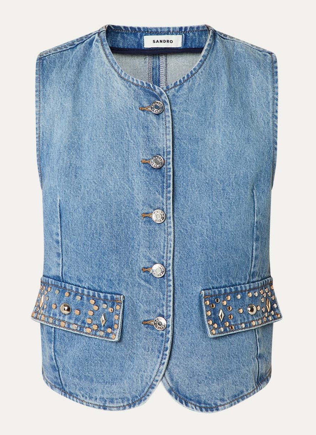 Sandro Gilet van denim met studs - voorkant indigo
