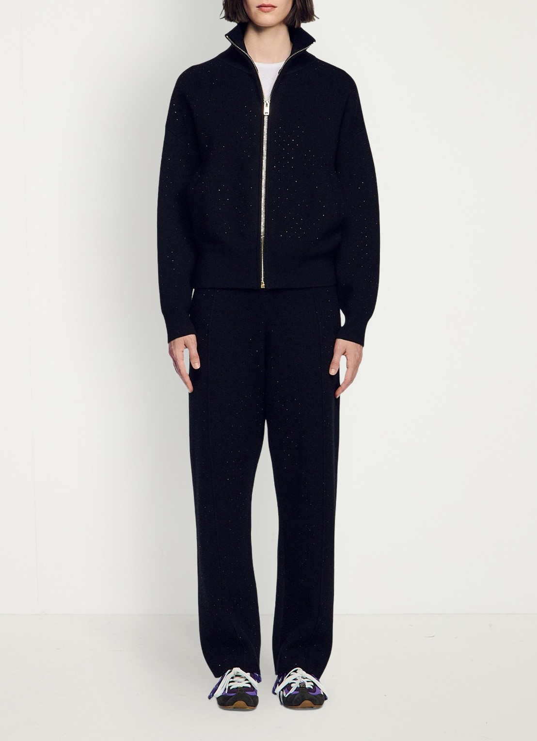 Sandro Grofgebreid vest met strass - voorkant 6 black / zwart