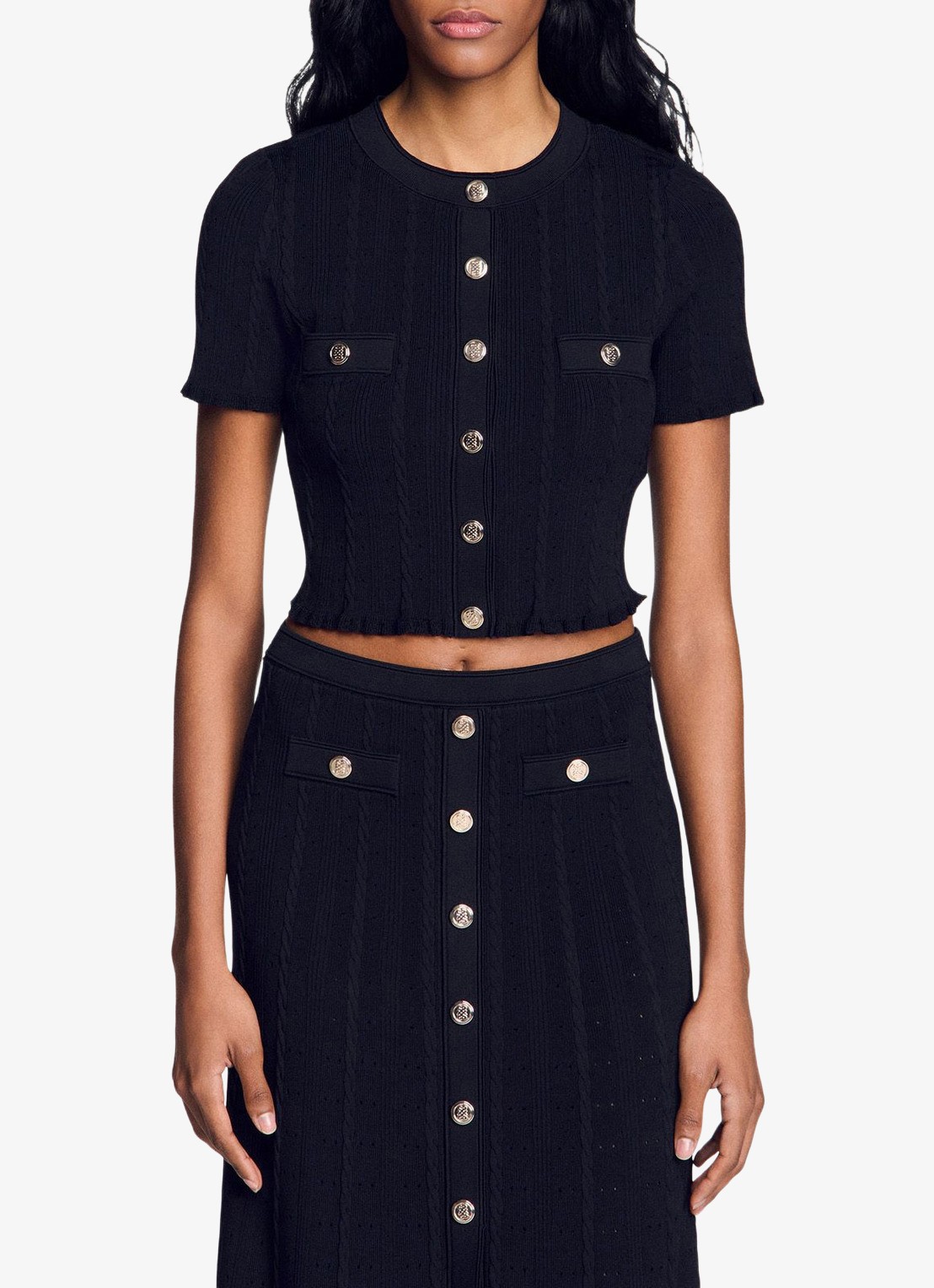 Sandro Grofgebreide blouse met borstzak - detail 2 zwart