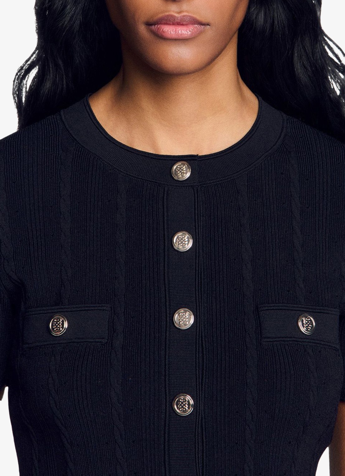 Sandro Grofgebreide blouse met borstzak - detail 4 zwart