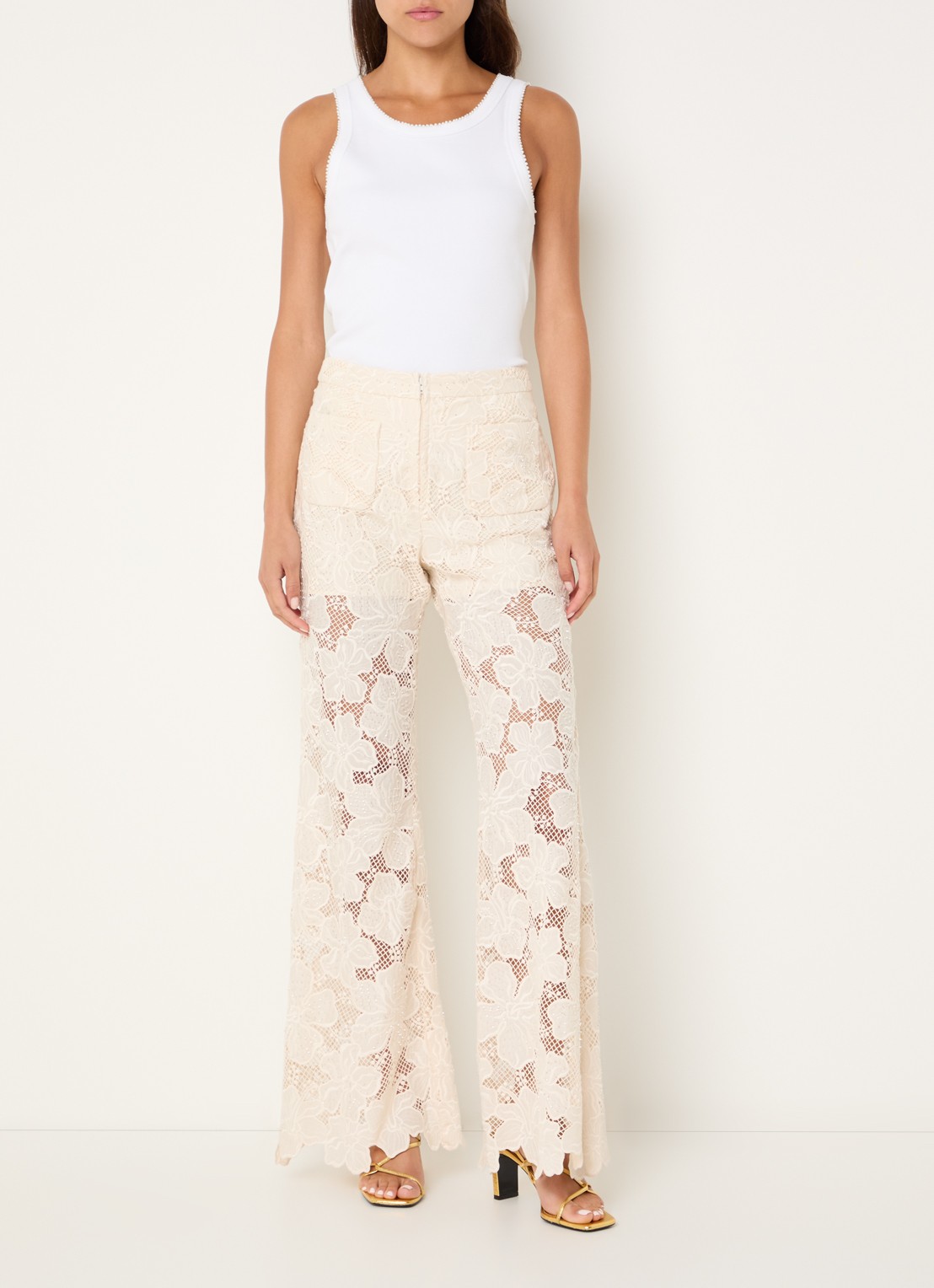 Sandro High waist flared fit broek met broderie - voorkant 2 beige