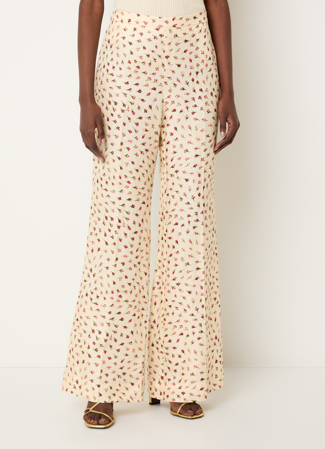 Sandro High waist flared fit pantalon in linnenblend met bloemenprint - detail 3 lichtgeel