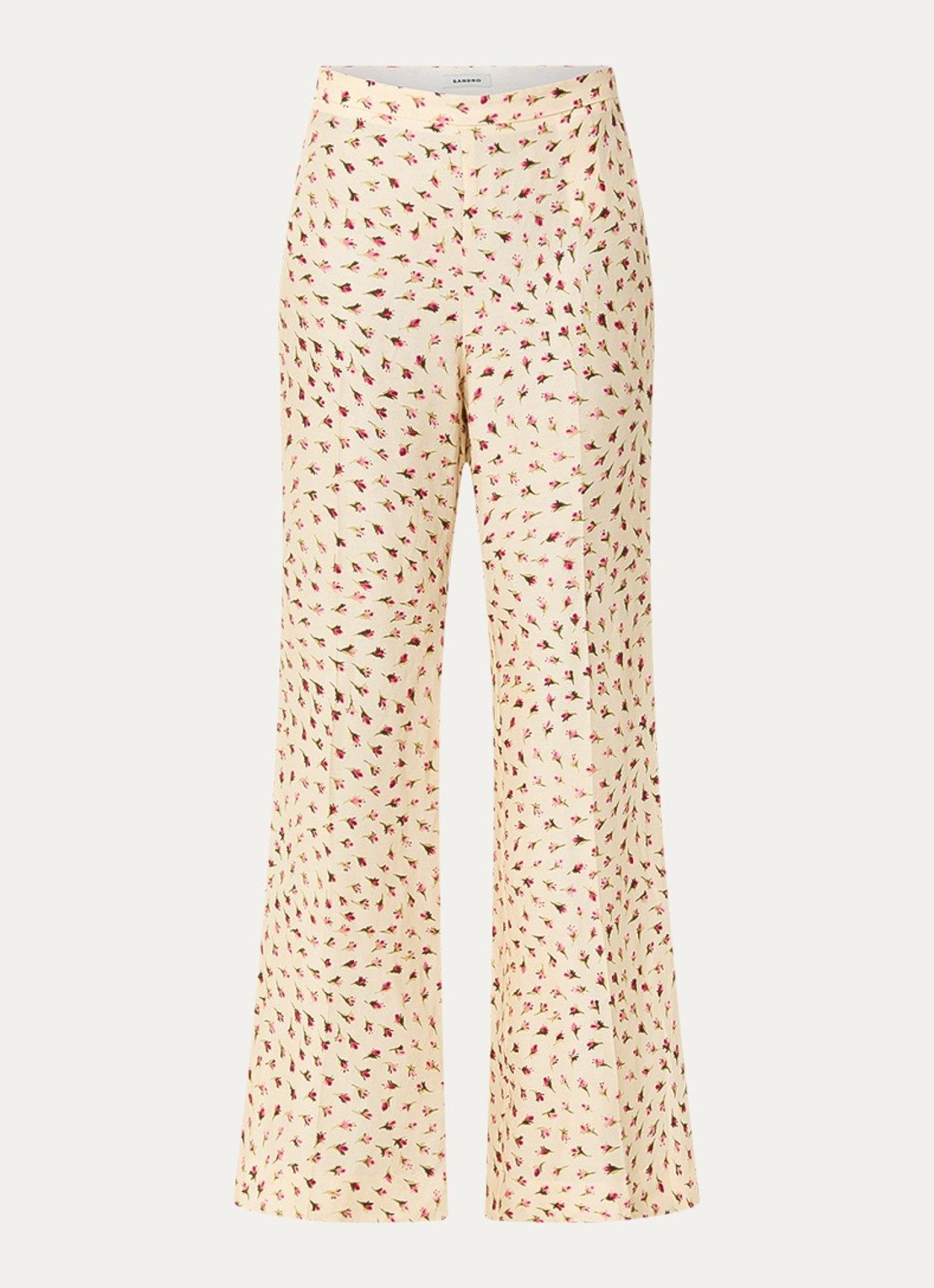 Sandro High waist flared fit pantalon in linnenblend met bloemenprint - voorkant lichtgeel