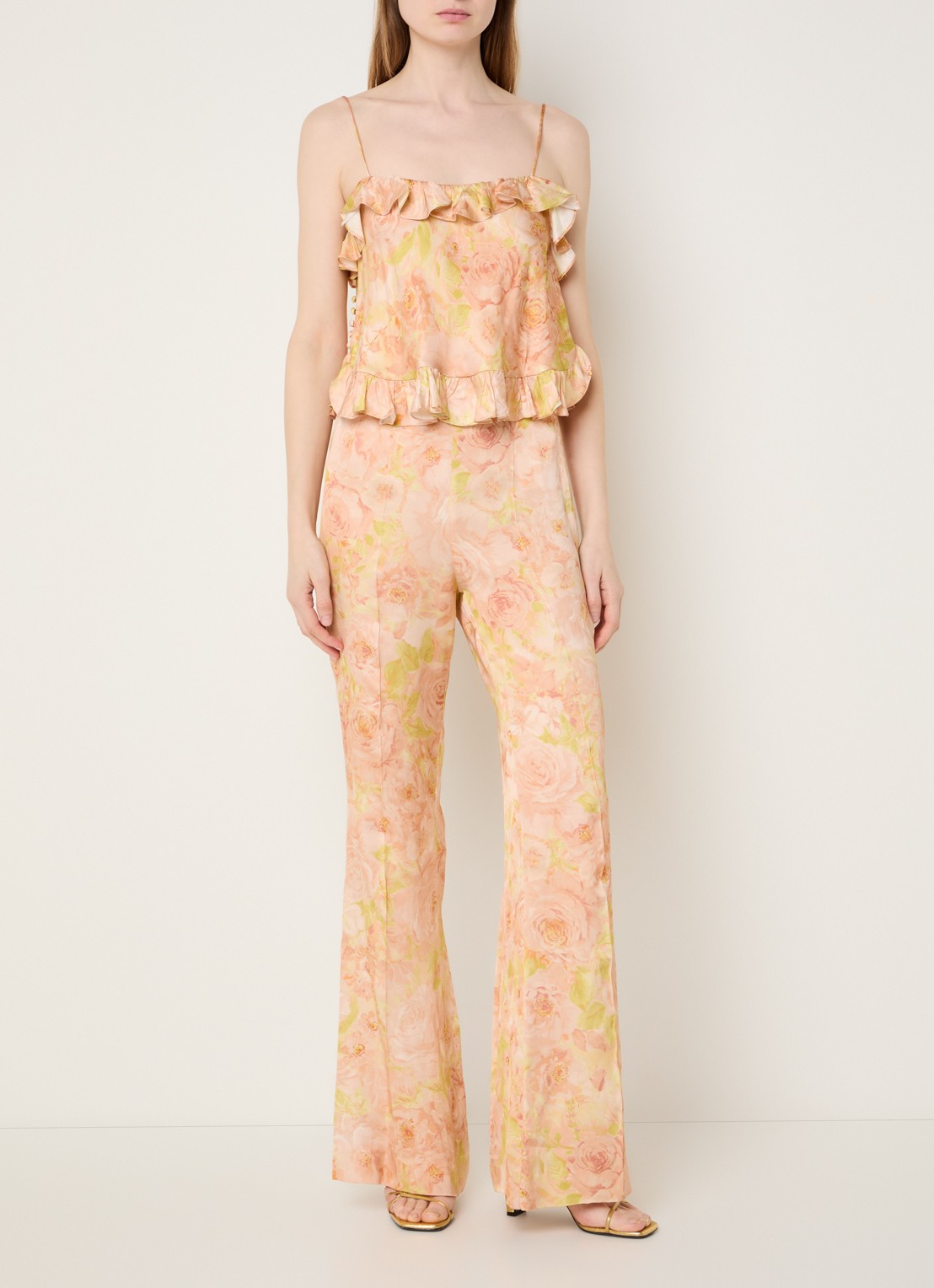 Sandro High waist flared fit pantalon met bloemenprint - voorkant 4 zalmroze
