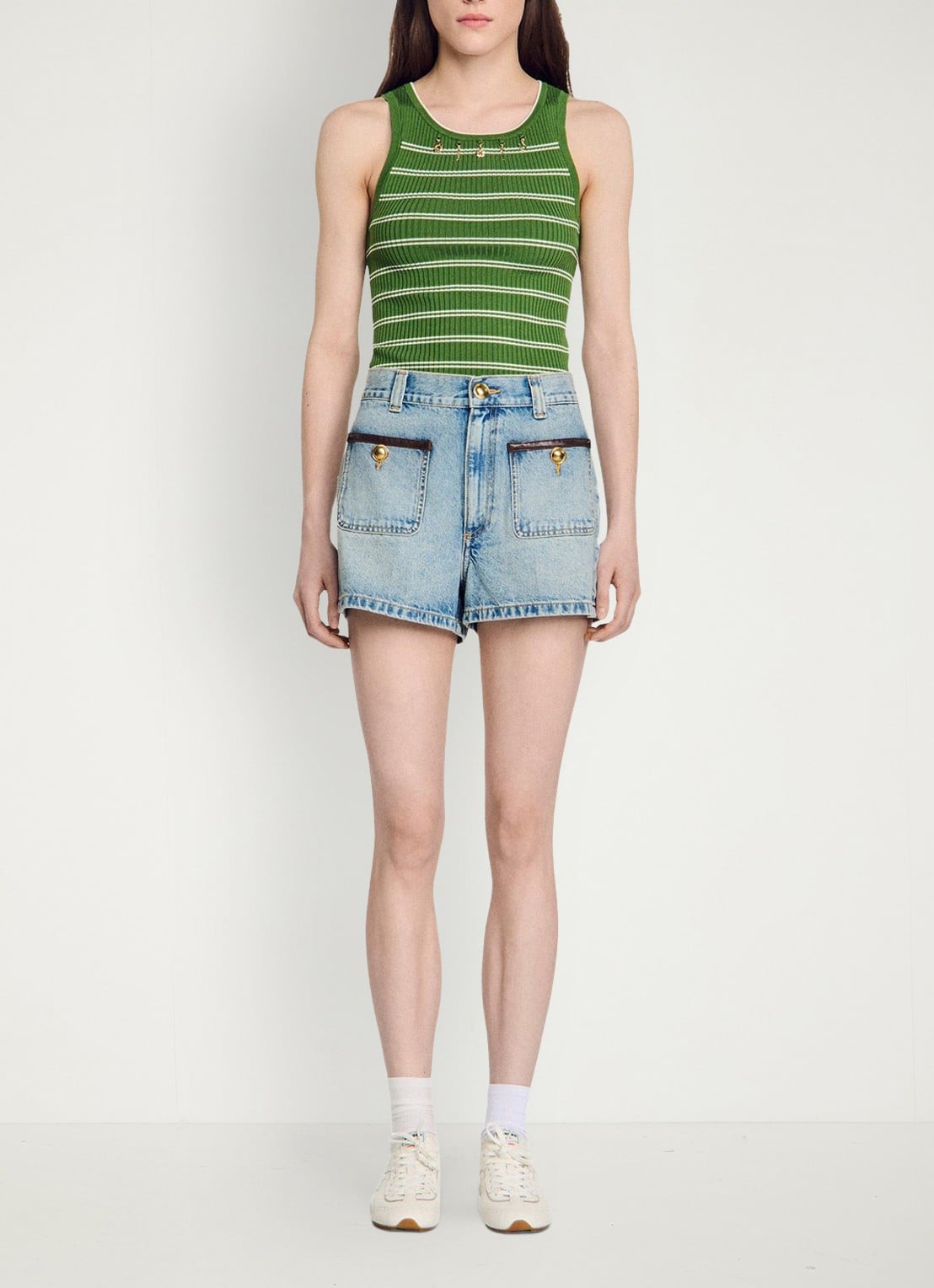 Sandro High waist korte breoek van denim met opgestikte zakken - detail 3 blue jean / blauw