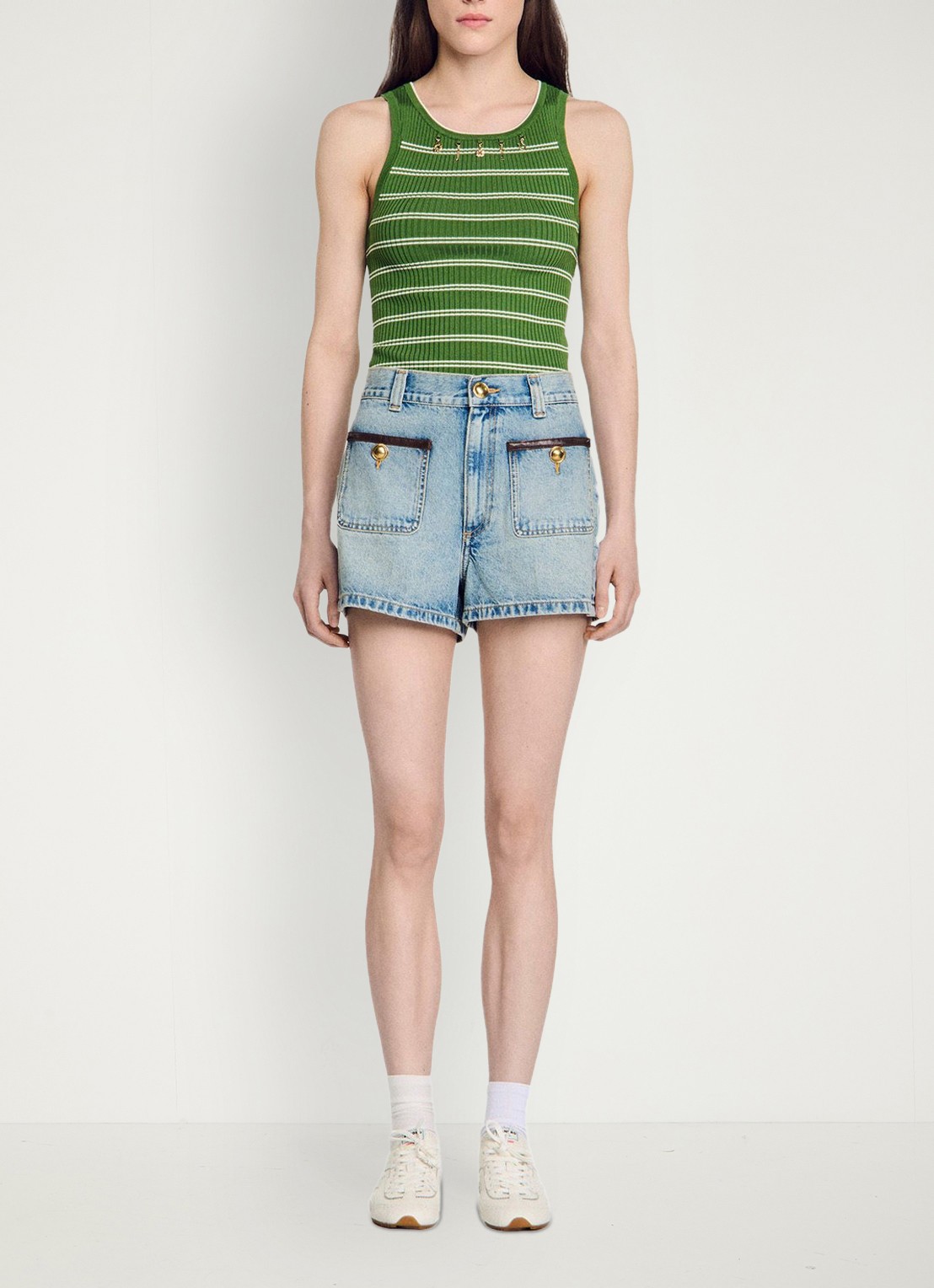Sandro High waist korte breoek van denim met opgestikte zakken - detail 5 blue jean / blauw