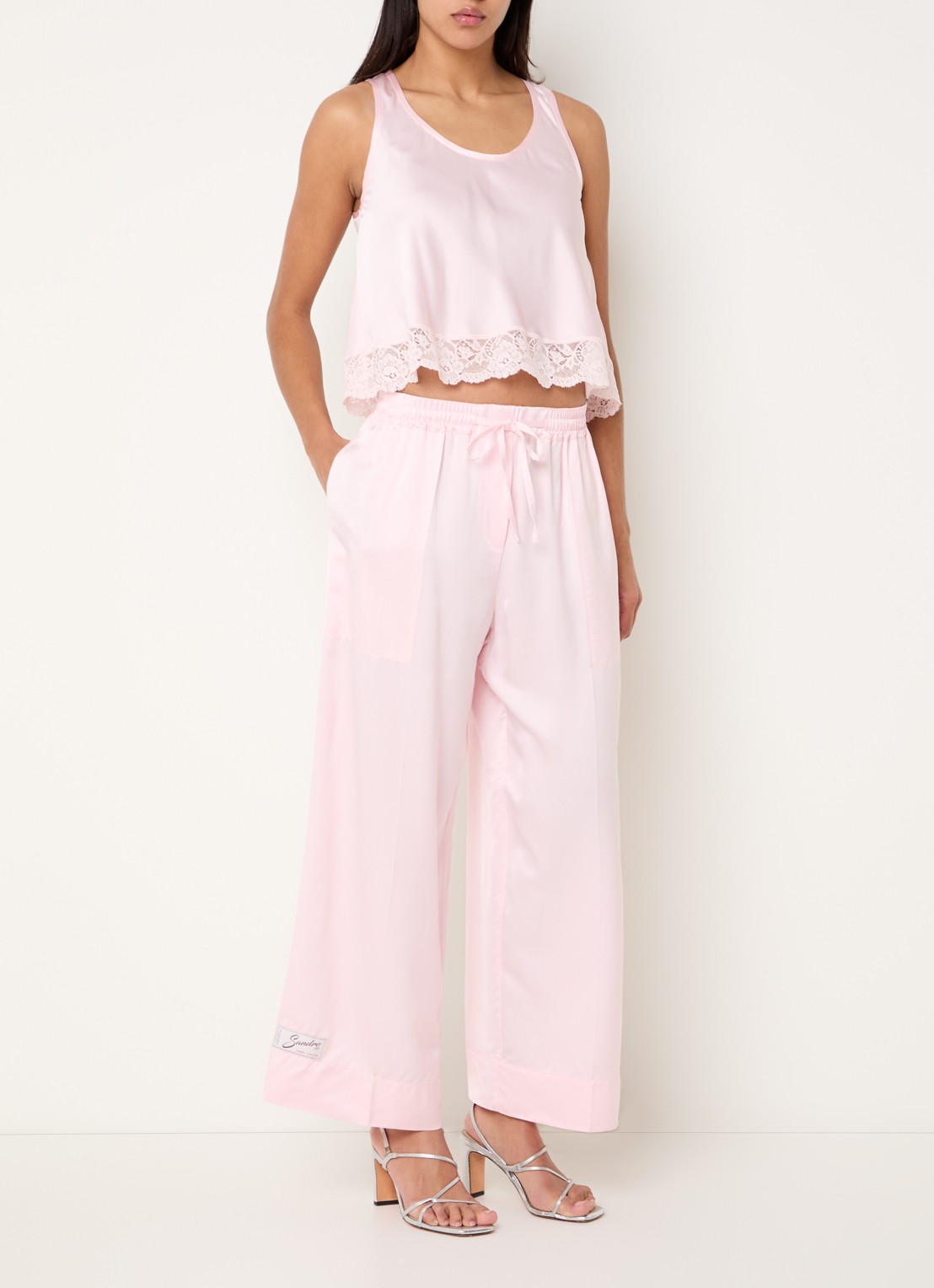 Sandro High waist loose fit broek van satijn met koord - voorkant 2 lichtroze