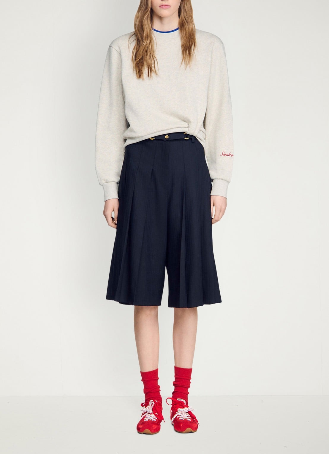 Sandro High waist loose fit korte broek met plooien en afneembare riem - detail 2 blauw