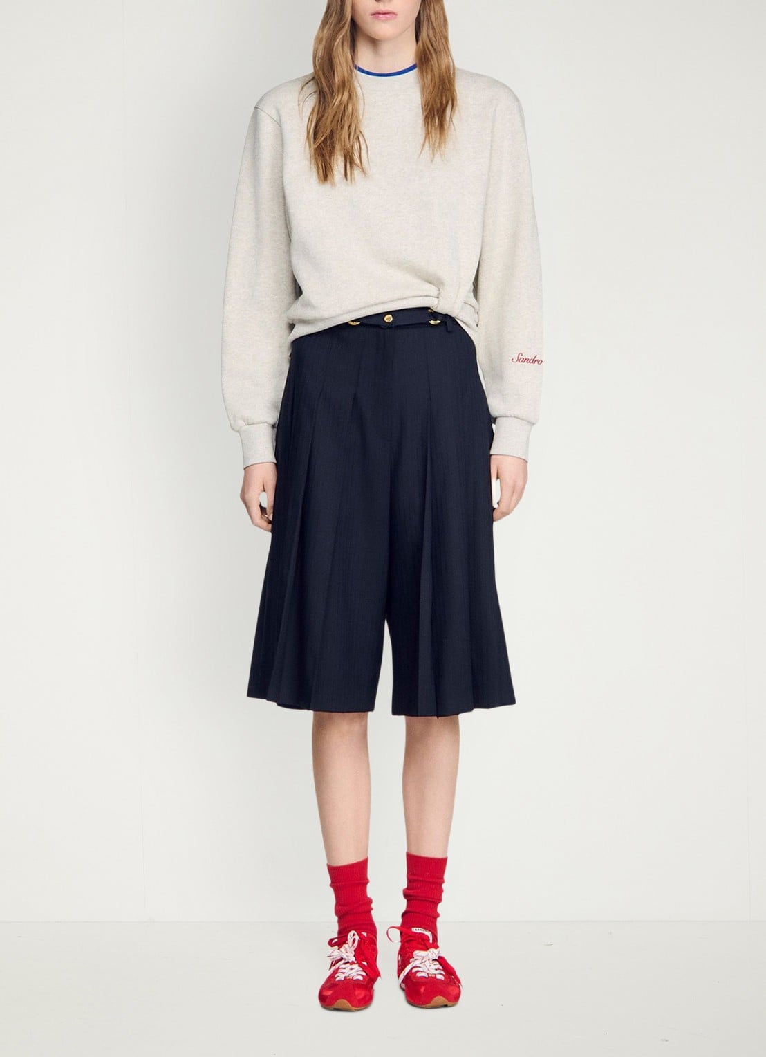 Sandro High waist loose fit korte broek met plooien en afneembare riem - detail 5 blauw