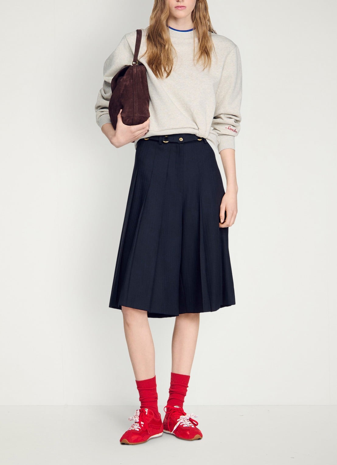 Sandro High waist loose fit korte broek met plooien en afneembare riem - voorkant 7 blauw